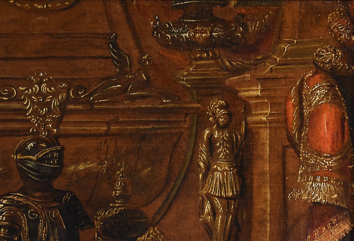 Antonio Tibaldi (Rome, 1635 - 1675), Nature Morte Avec Armure, Rideaux Et Sculpture-photo-5