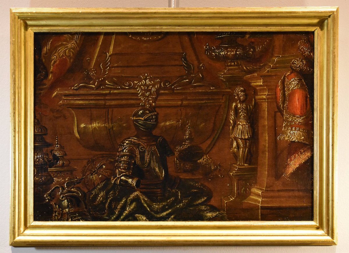 Antonio Tibaldi (Rome, 1635 - 1675), Nature Morte Avec Armure, Rideaux Et Sculpture