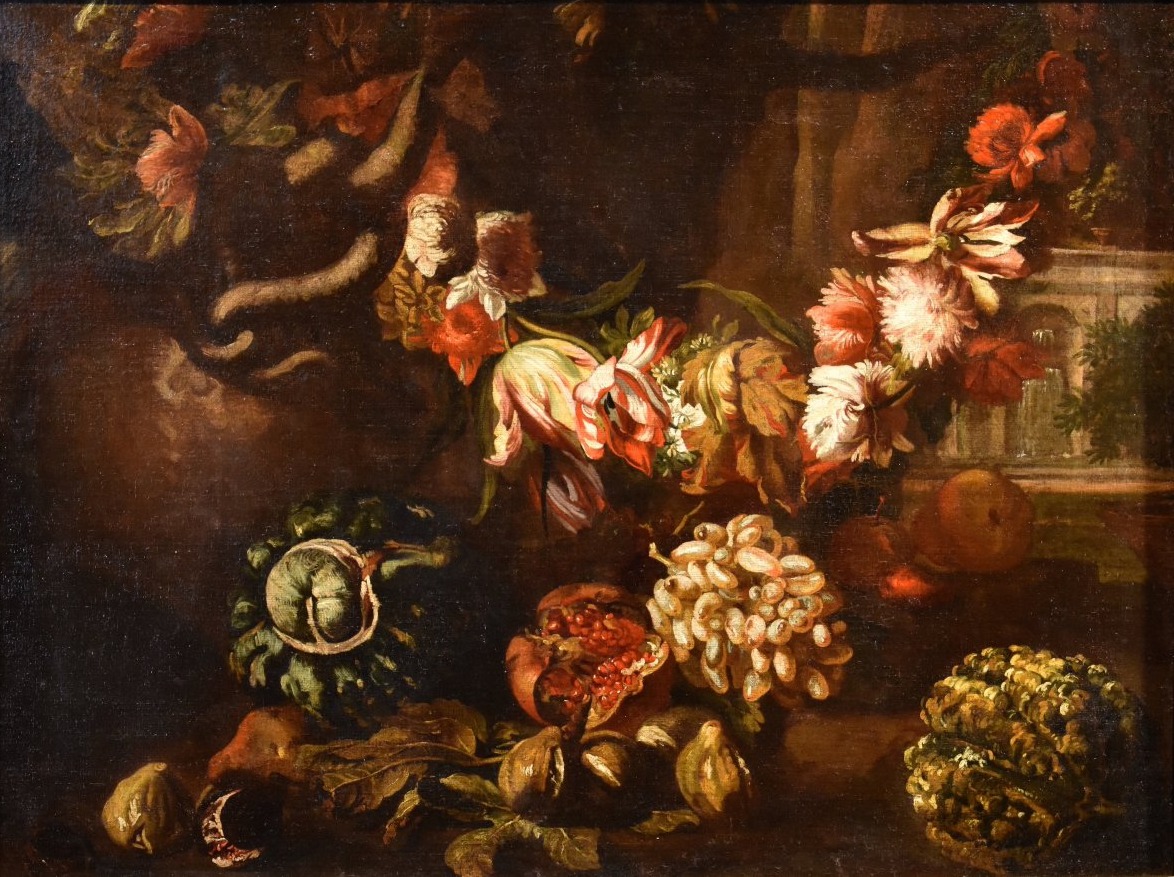 Still Life With A Garland Of Flowers And Fruit, Aniello Ascione (naples, Documented From 1680 To 1708)
