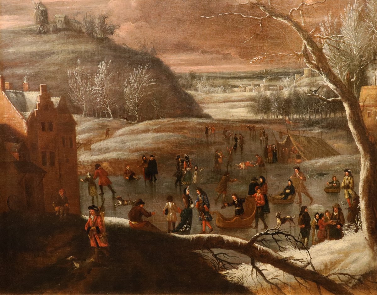 Joseph van Bredael (Anvers 1688 – Paris 1739), Paysage hivernal avec lac gelé et patineurs-photo-3