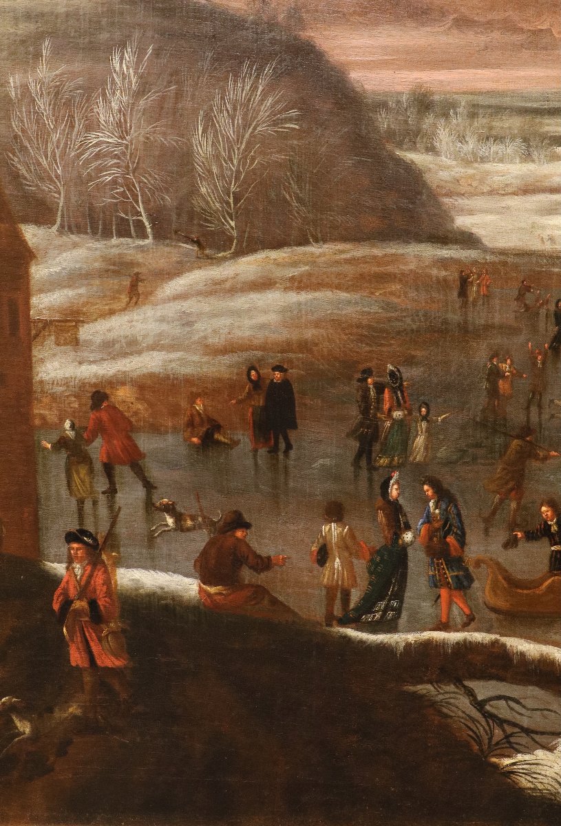 Joseph van Bredael (Anvers 1688 – Paris 1739), Paysage hivernal avec lac gelé et patineurs-photo-1