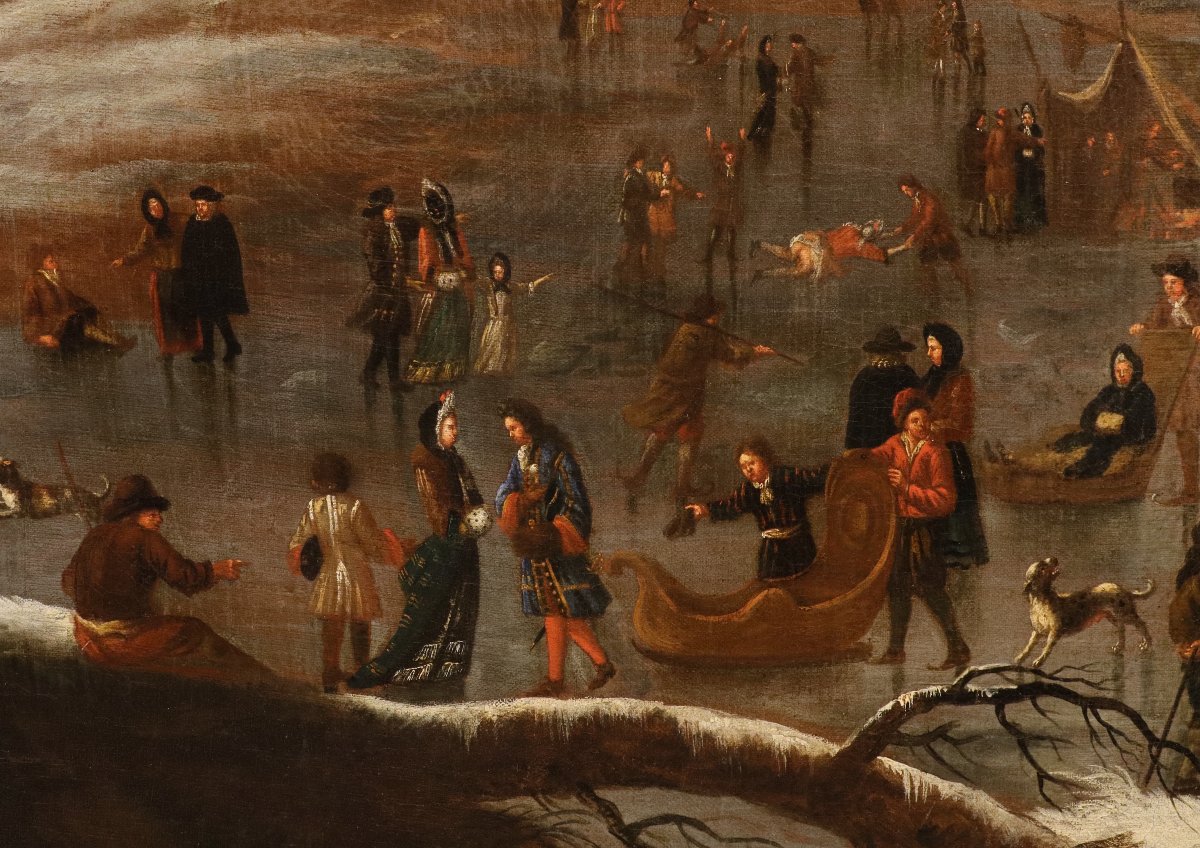 Joseph van Bredael (Anvers 1688 – Paris 1739), Paysage hivernal avec lac gelé et patineurs-photo-2