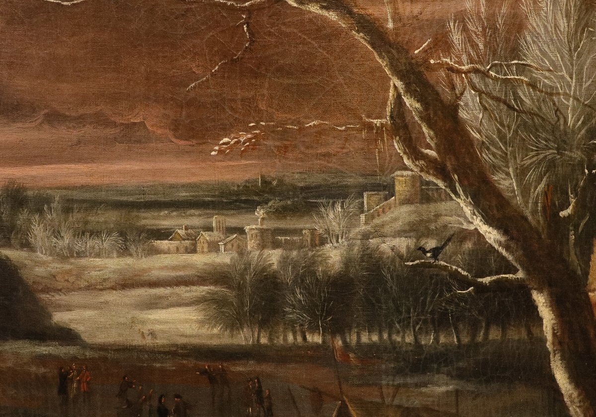 Joseph van Bredael (Anvers 1688 – Paris 1739), Paysage hivernal avec lac gelé et patineurs-photo-3