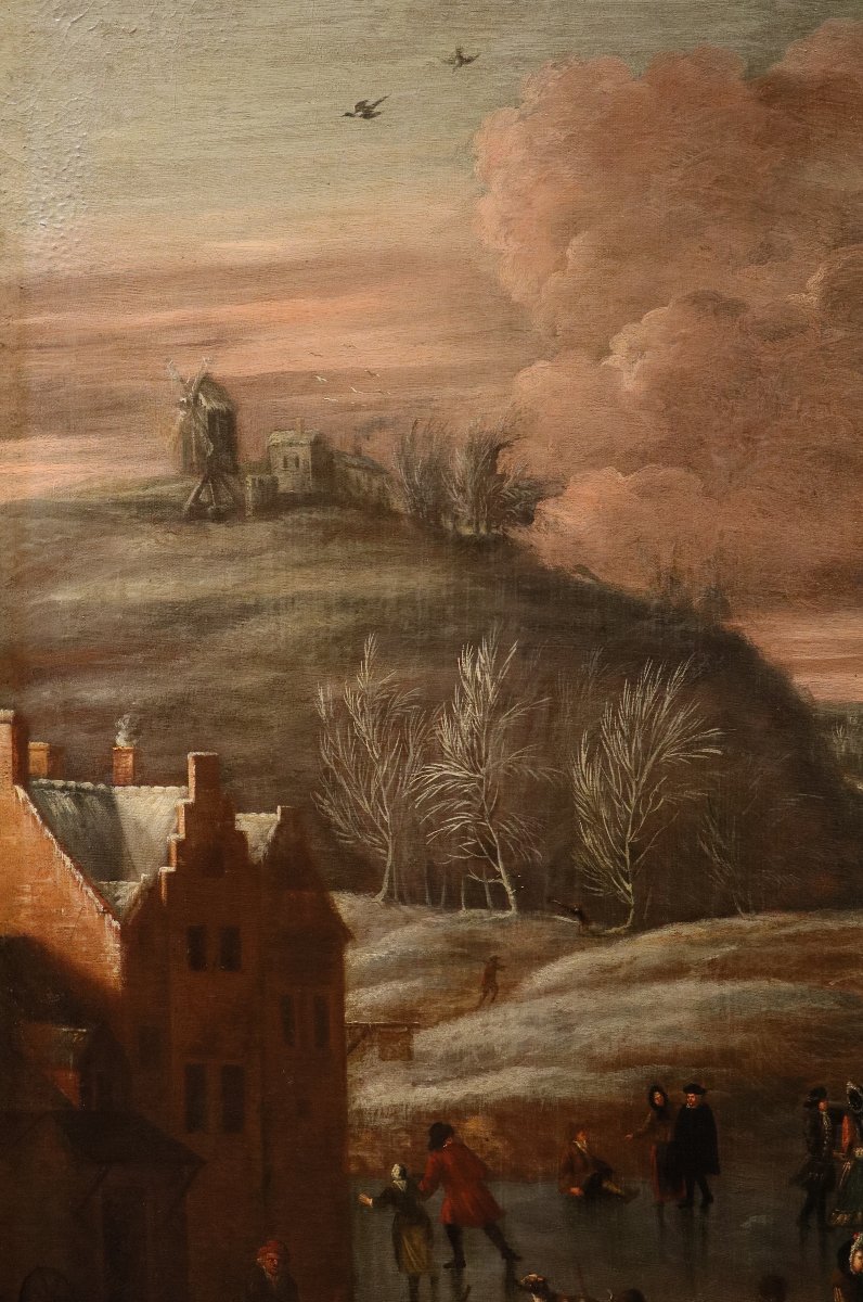 Joseph van Bredael (Anvers 1688 – Paris 1739), Paysage hivernal avec lac gelé et patineurs-photo-4