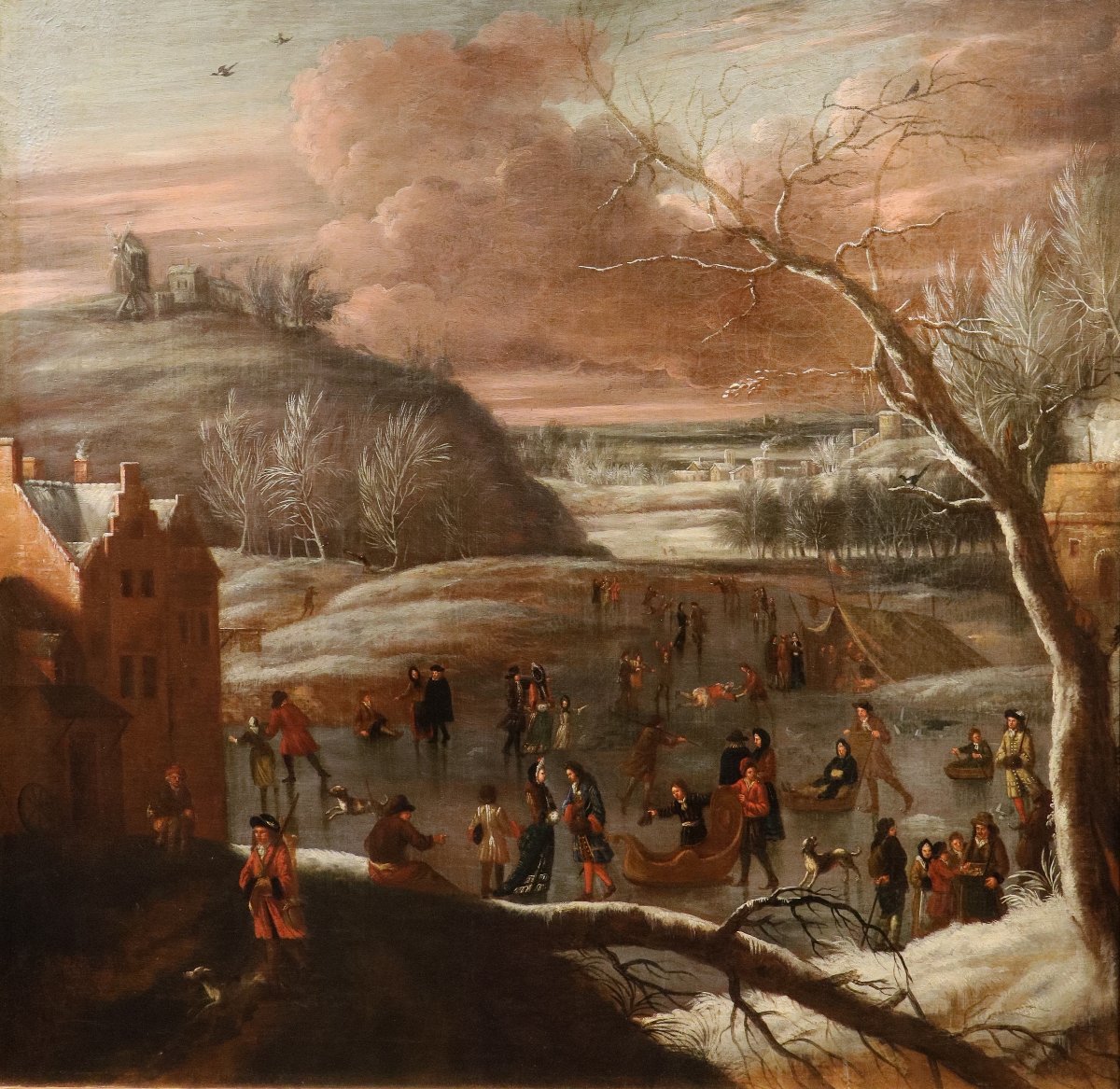 Joseph van Bredael (Anvers 1688 – Paris 1739), Paysage hivernal avec lac gelé et patineurs