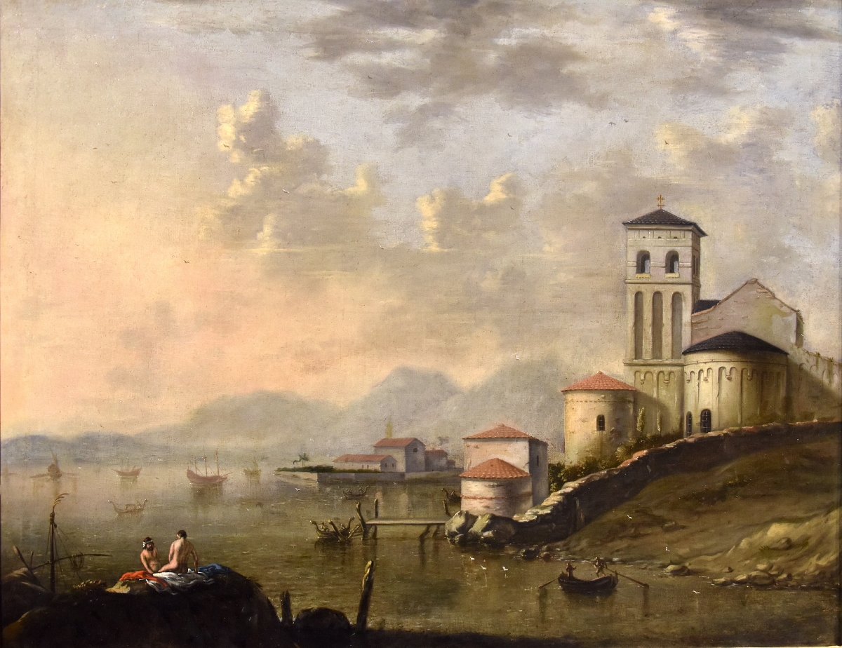 Mediterranean Coastal Landscape, Flemish Painter Active In Italy In The 18th Century-photo-2