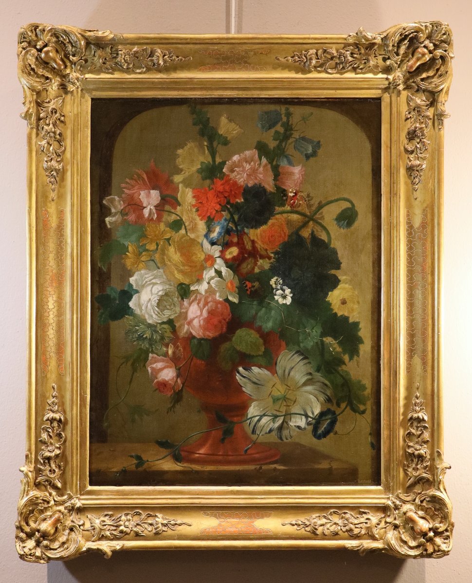 Vase Of Flowers With Butterflies In A Niche, Jan Van Huysum (amsterdam 1682 - 1749)-photo-2