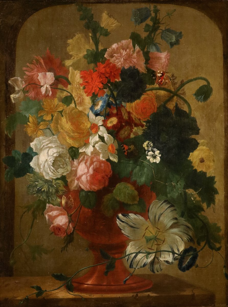Vase Of Flowers With Butterflies In A Niche, Jan Van Huysum (amsterdam 1682 - 1749)