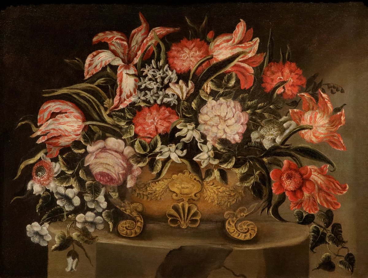 Maître des vases à grotesques (Rome XVIIe siècle), Composition florale-photo-2