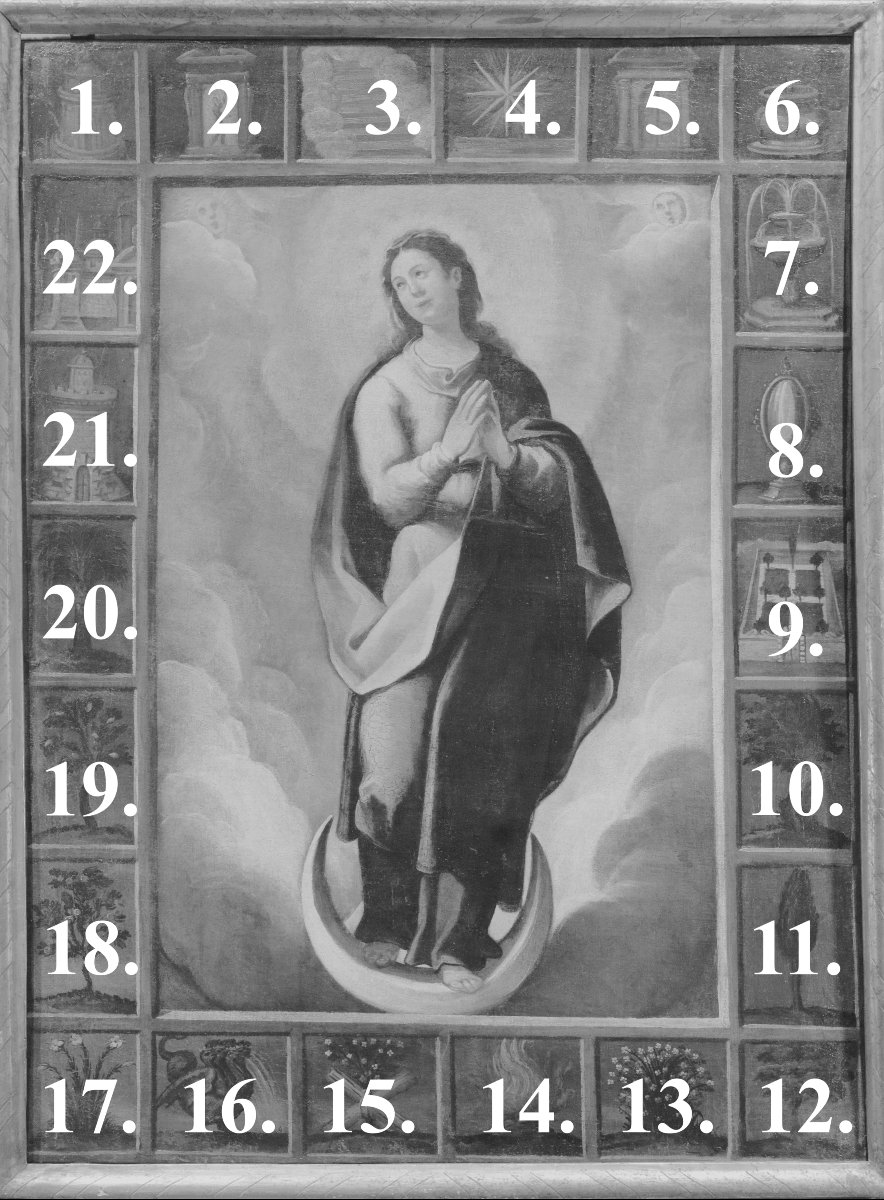 Vierge avec les symboles des Litanies de Lorette, École espagnole XVIIe siècle-photo-4