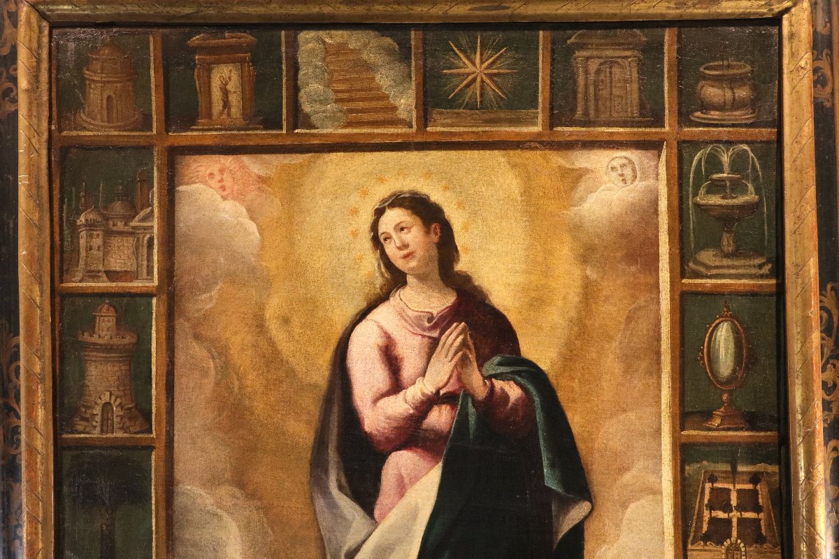 Vierge avec les symboles des Litanies de Lorette, École espagnole XVIIe siècle-photo-2