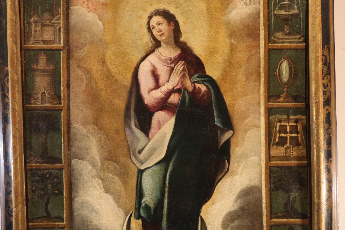 Vierge avec les symboles des Litanies de Lorette, École espagnole XVIIe siècle-photo-3