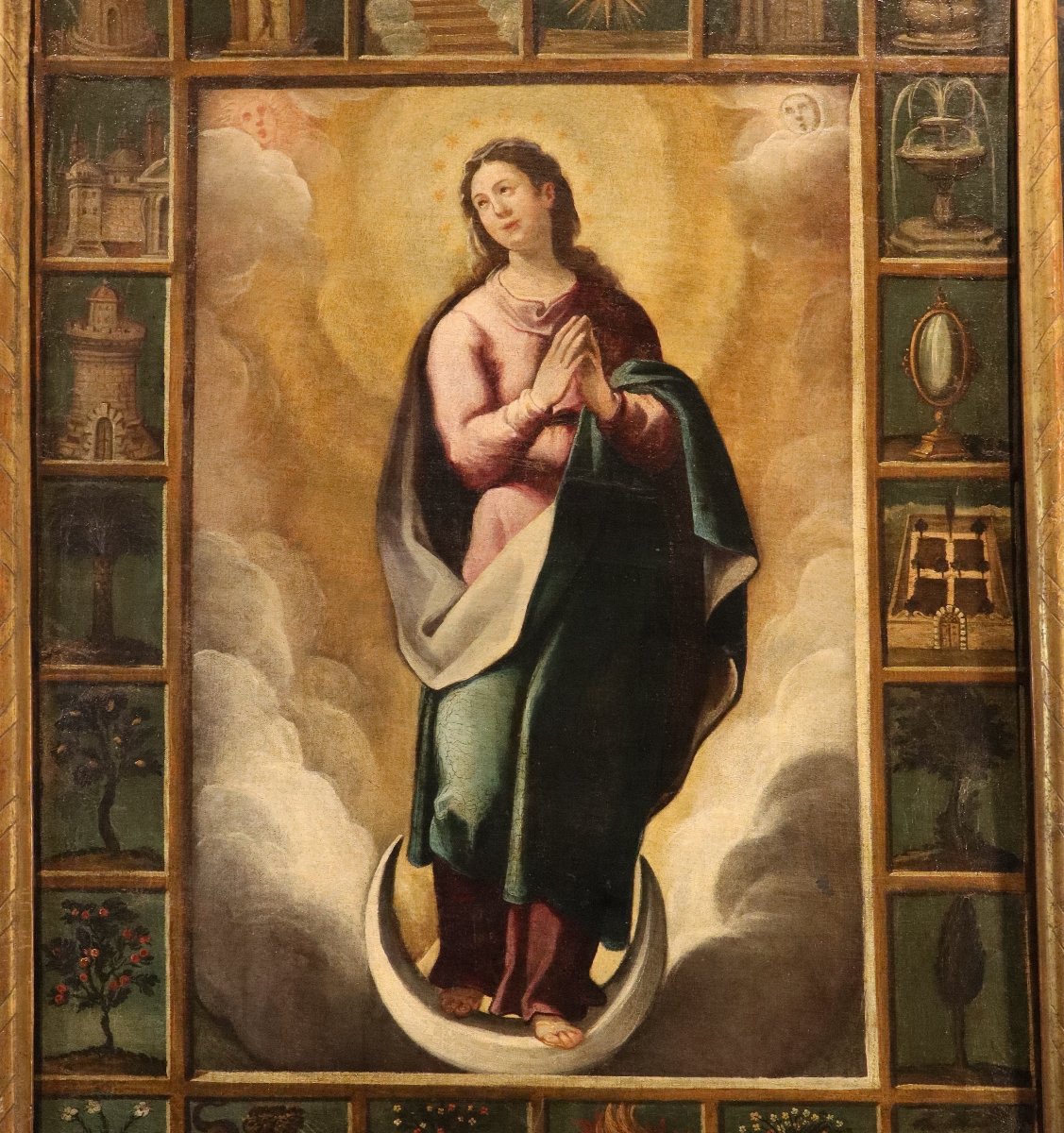 Vierge avec les symboles des Litanies de Lorette, École espagnole XVIIe siècle-photo-4