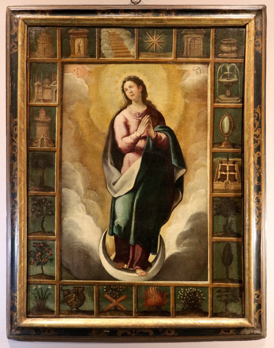 Vierge avec les symboles des Litanies de Lorette, École espagnole XVIIe siècle