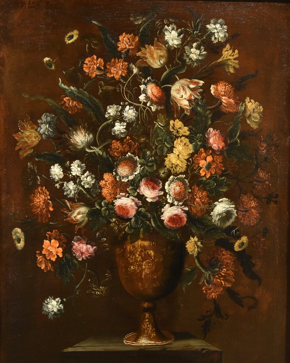 Andrea Scacciati (Florence 1642-1710), Composition De Fleurs Dans Un Vase En Relief (1 De 3)-photo-3