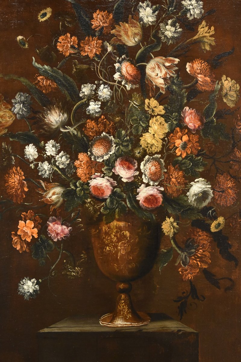 Andrea Scacciati (Florence 1642-1710), Composition De Fleurs Dans Un Vase En Relief (1 De 3)-photo-1