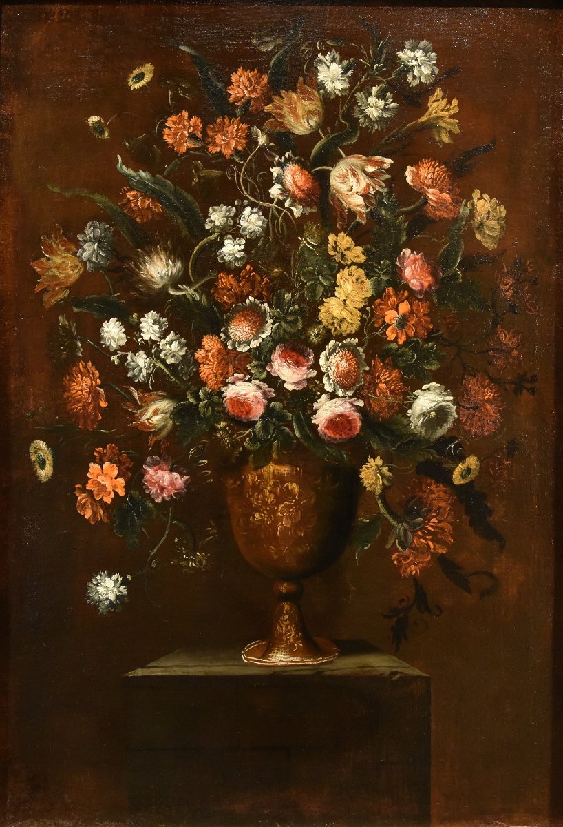Andrea Scacciati (Florence 1642-1710), Composition De Fleurs Dans Un Vase En Relief (1 De 3)