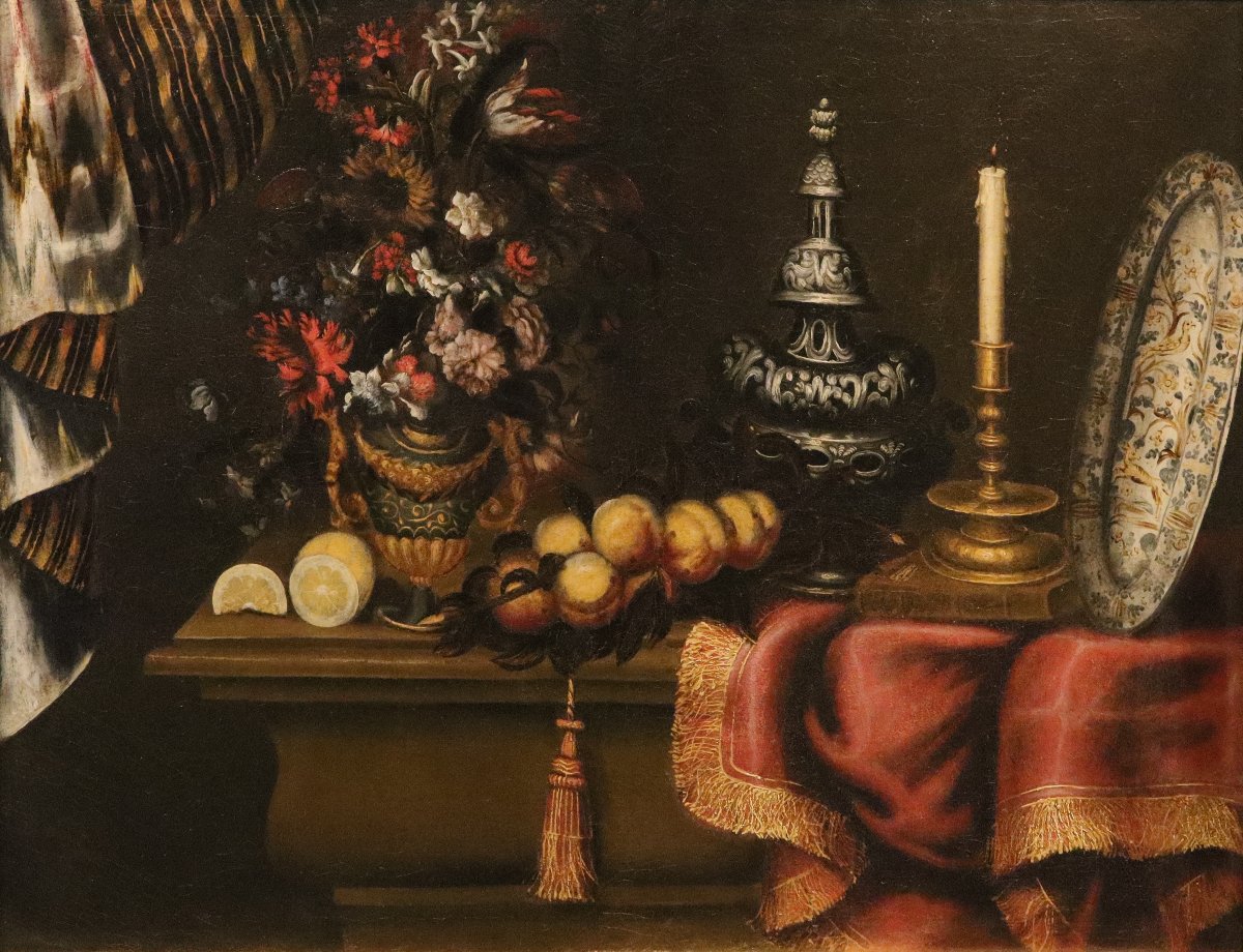 Antonio Tibaldi (Rome 1635 - 1675), Nature morte avec vase de fleurs, fruits et objets précieux-photo-2