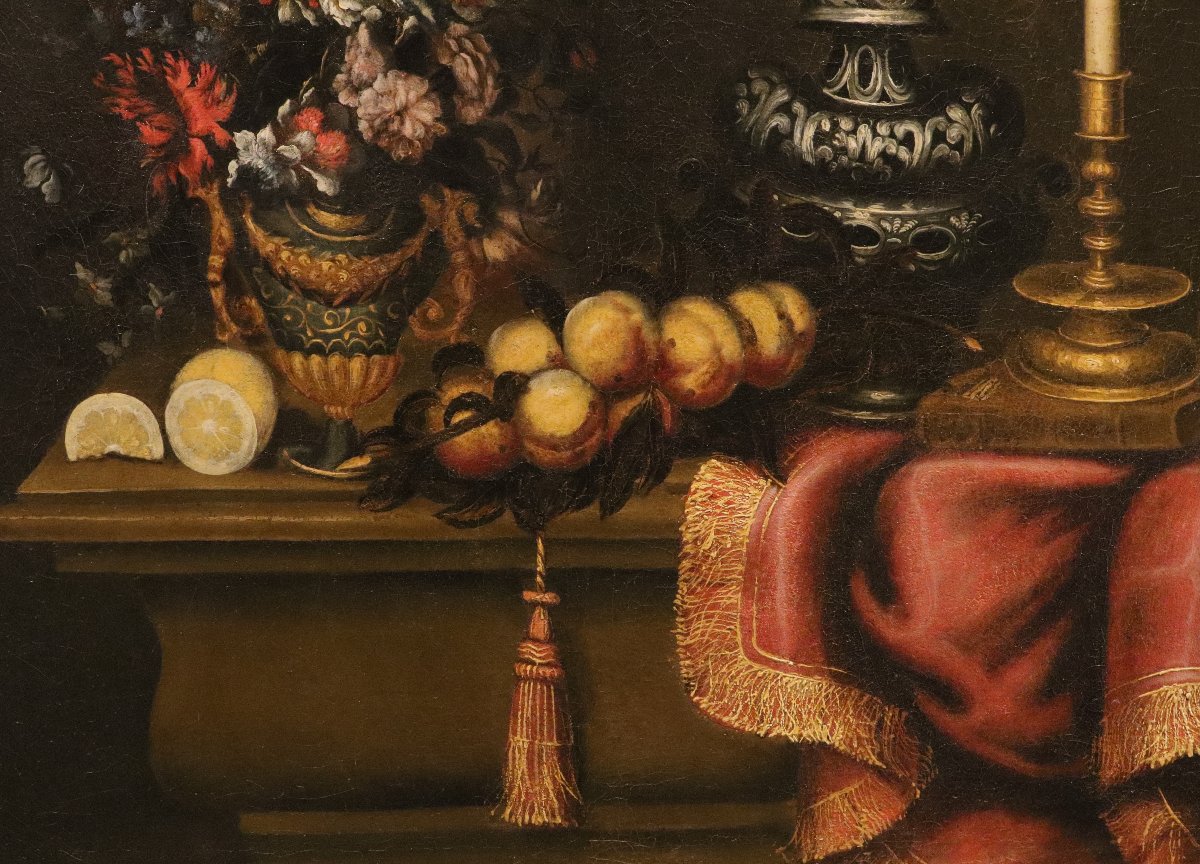 Antonio Tibaldi (Rome 1635 - 1675), Nature morte avec vase de fleurs, fruits et objets précieux-photo-3