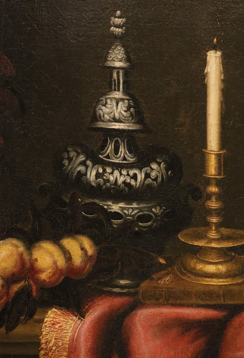 Antonio Tibaldi (Rome 1635 - 1675), Nature morte avec vase de fleurs, fruits et objets précieux-photo-5