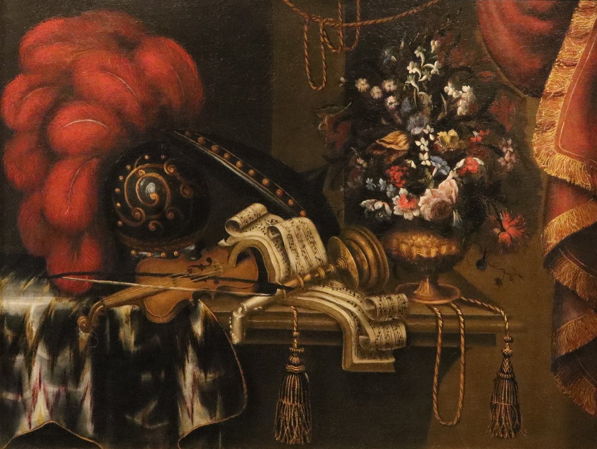 Antonio Tibaldi (Rome, 1635 - 1675) - Nature morte avec une armure, un violon, une partition...-photo-2