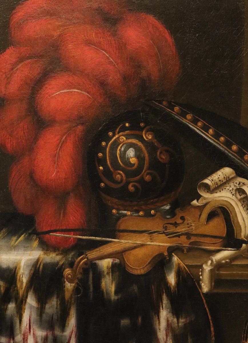 Antonio Tibaldi (Rome, 1635 - 1675) - Nature morte avec une armure, un violon, une partition...-photo-1
