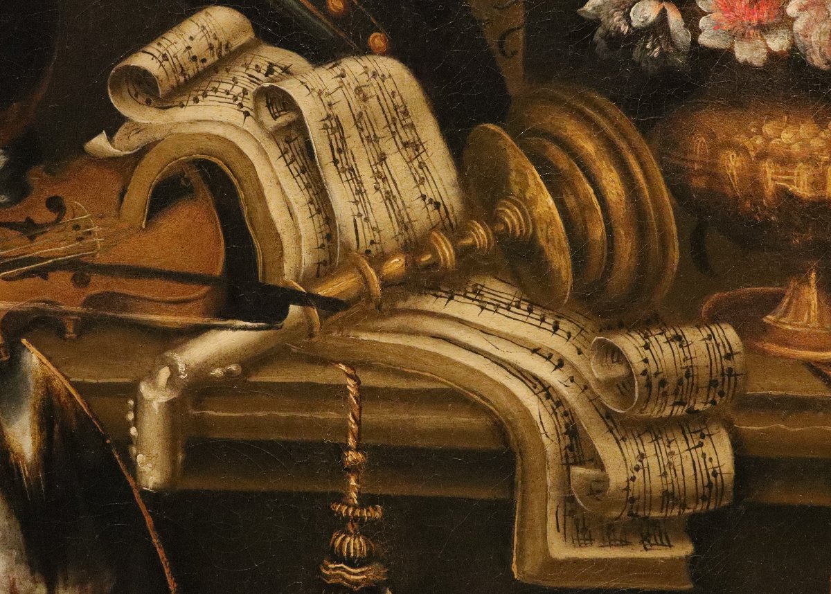 Antonio Tibaldi (Rome, 1635 - 1675) - Nature morte avec une armure, un violon, une partition...-photo-2