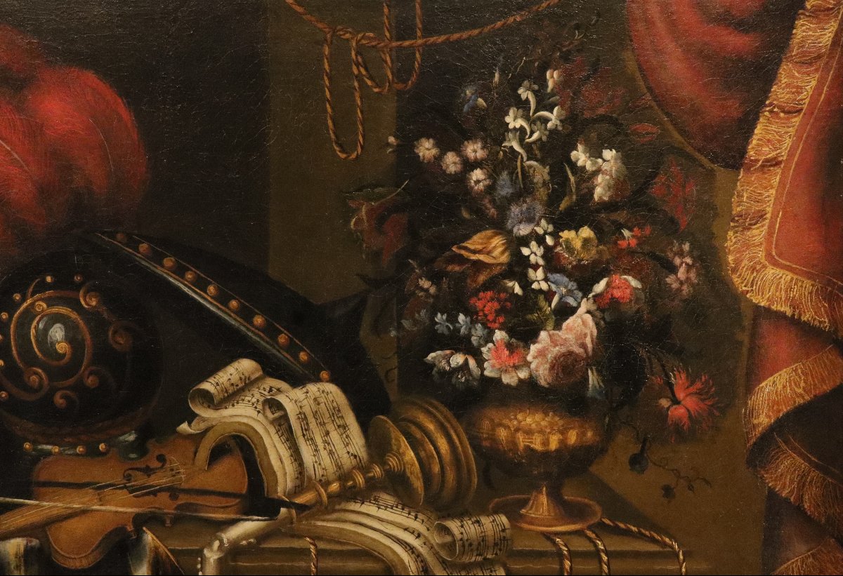 Antonio Tibaldi (Rome, 1635 - 1675) - Nature morte avec une armure, un violon, une partition...-photo-5