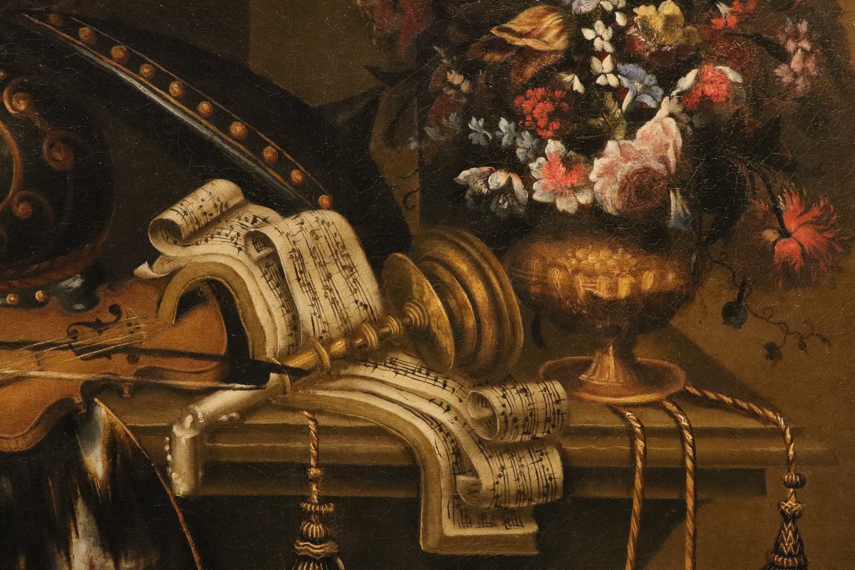 Antonio Tibaldi (Rome, 1635 - 1675) - Nature morte avec une armure, un violon, une partition...-photo-6