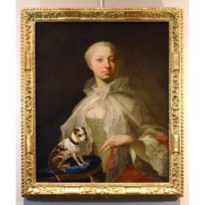 Portrait Of A Noblewoman With Small Dog, Louis Michel Van Loo (toulon 1707- Paris 1771)
