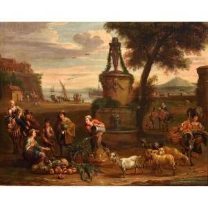 Alexander Van Bredael (anvers 1663 - 1720) Signé, Paysage Côtier Avec Scène De Marché