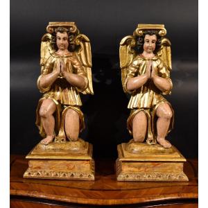 Pair Of Sculptures Of Winged Angels In Wood, Tuscany XVIIth Century