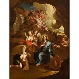 Christ Surrounded By Angels In The Desert, Pietro Da Cortona (cortone 1597 - Rome 1669) Circle 