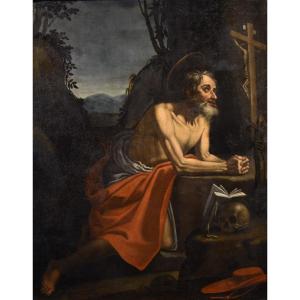 Saint Jerome Penitent In The Cave, Hendrick De Somer (lokeren 1602 - Naples 1655)
