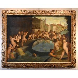 Tiziano Vecellio (1490 - 1576) Workshop, Putti Fighting On The Ponte Dei Pugni In Venice