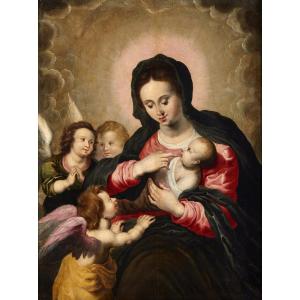 Vierge à l'Enfant Avec Trois Anges, Hendrick Van Balen (anvers 1575 - 1632) Atelier De 