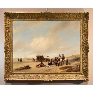 La Plage De Scheveningen, Hubertus Van Hove (la Haye, 1814 - Anvers, 1865) Signé