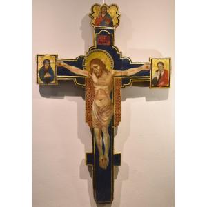 Antique Wooden Crucified Christ With God The Father, The Virgin And St. Joh