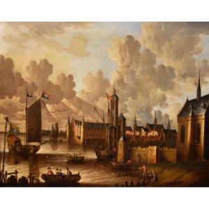 Vue Côtière Avec Ville Fortifiée, Peter Van Der Velde (anvers 1634 - C.1714)