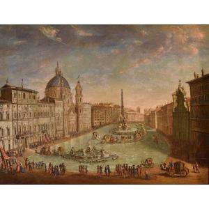 Vue de Rome avec la Piazza Navona, Giacomo Van Lint (Rome 1723 - 1790) Attribué