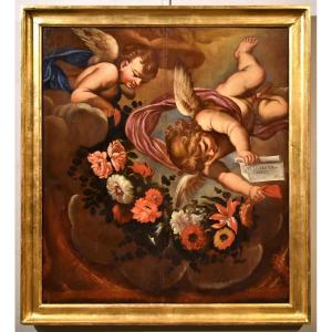 Pair Of Angels With Floral Garland, Carlo Maratta (camerano, 1625 - Rome, 1713) Workshop Of