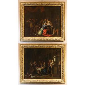 Banquet et Bagarre, Paire d'œuvres signées Pieter Angillis (1685 - 1734)