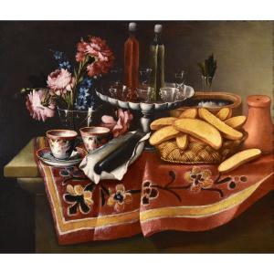 Giacomo Nani (Porto Ercole 1698 - Naples 1770), Nature Morte Avec Fleurs, Verres En Cristal...