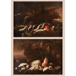 Elena Recco (Naples, 1654 - 1700) Attribué, Paire de natures mortes avec des poissons