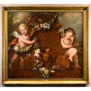 Jacob De Wit (Amsterdam, 1695 - 1754), Couple De Cupidons Avec Guirlande De Fleurs
