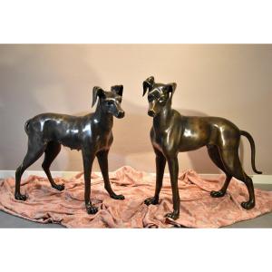 Paire de lévriers Art Déco en bronze, France XXe siècle