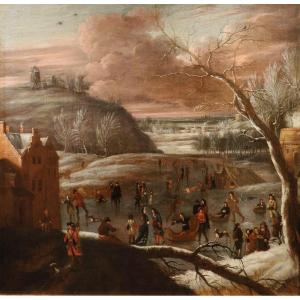 Joseph van Bredael (Anvers 1688 – Paris 1739), Paysage hivernal avec lac gelé et patineurs