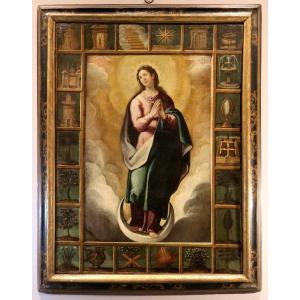 Vierge avec les symboles des Litanies de Lorette, École espagnole XVIIe siècle