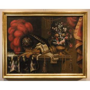 Antonio Tibaldi (rome, 1635 – 1675), Still Life With A Harp, Violin, And Sheet Music...