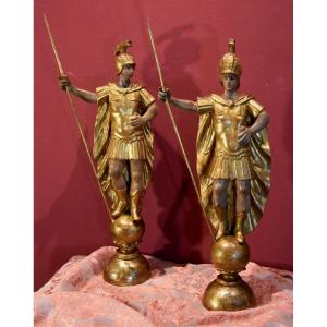 Paire De Soldats Romains En Bois Doré - Rome, XVIIIe Siècle